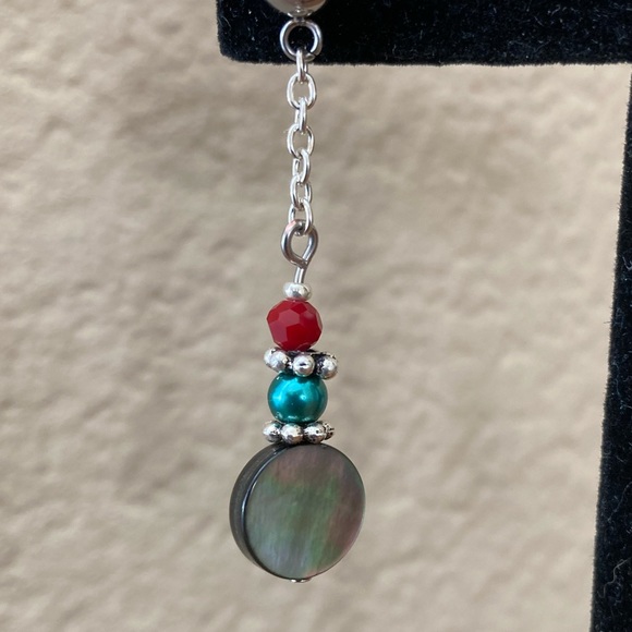 Abalone Coin Earrings with Teal & Red Accents - Picture 5 of 6